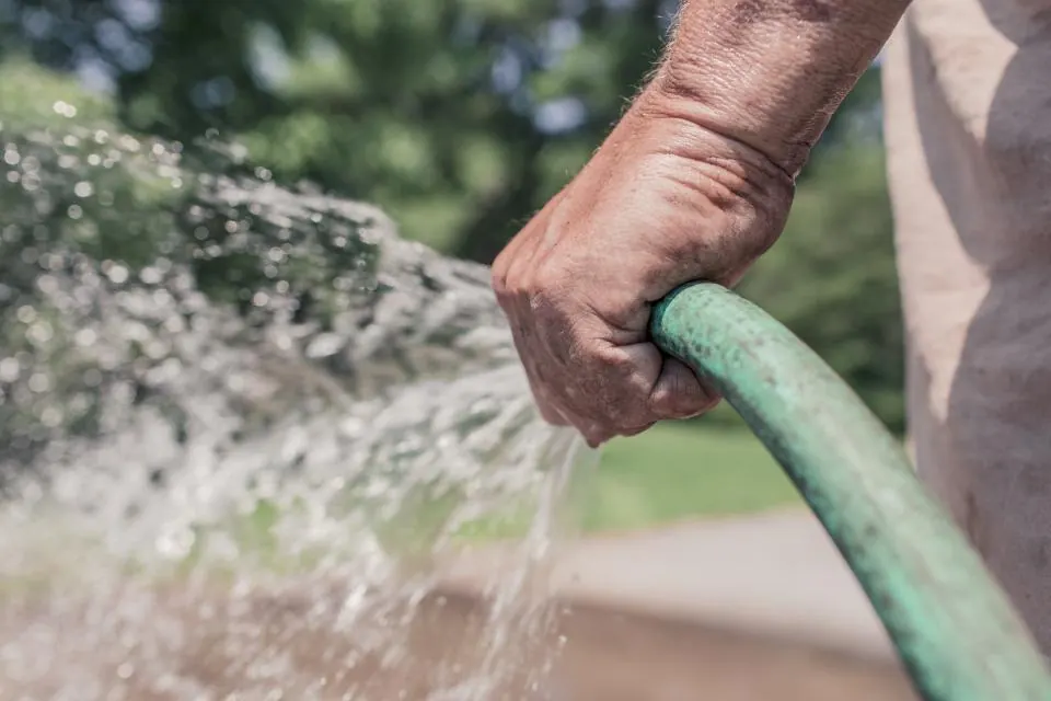 A garden hose spraying water across a lawn